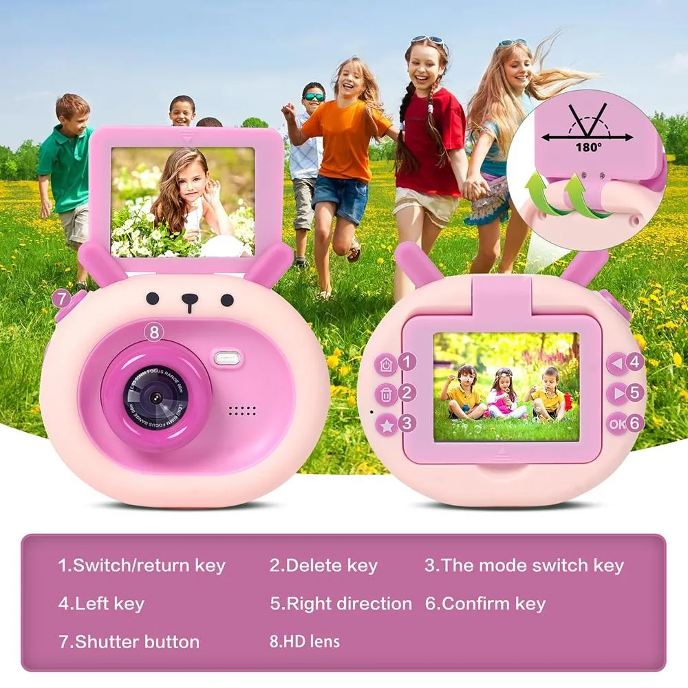 180-degree Flip-screen Cartoon Digital Camera with Stand 2.4-inch 1080p Hd