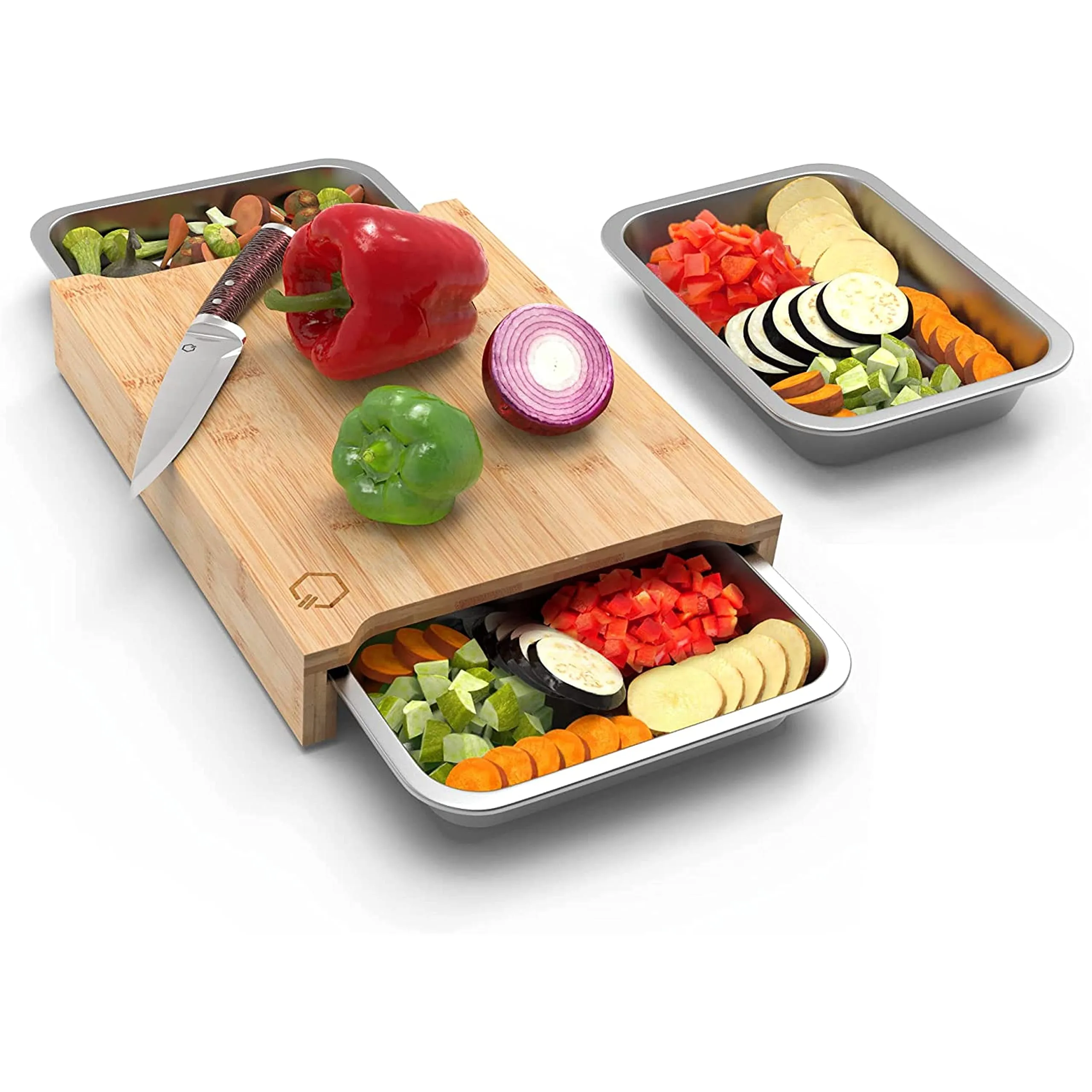 Bamboo Cutting Board Set With 3 Catching Bowls - Improved 2021 Version