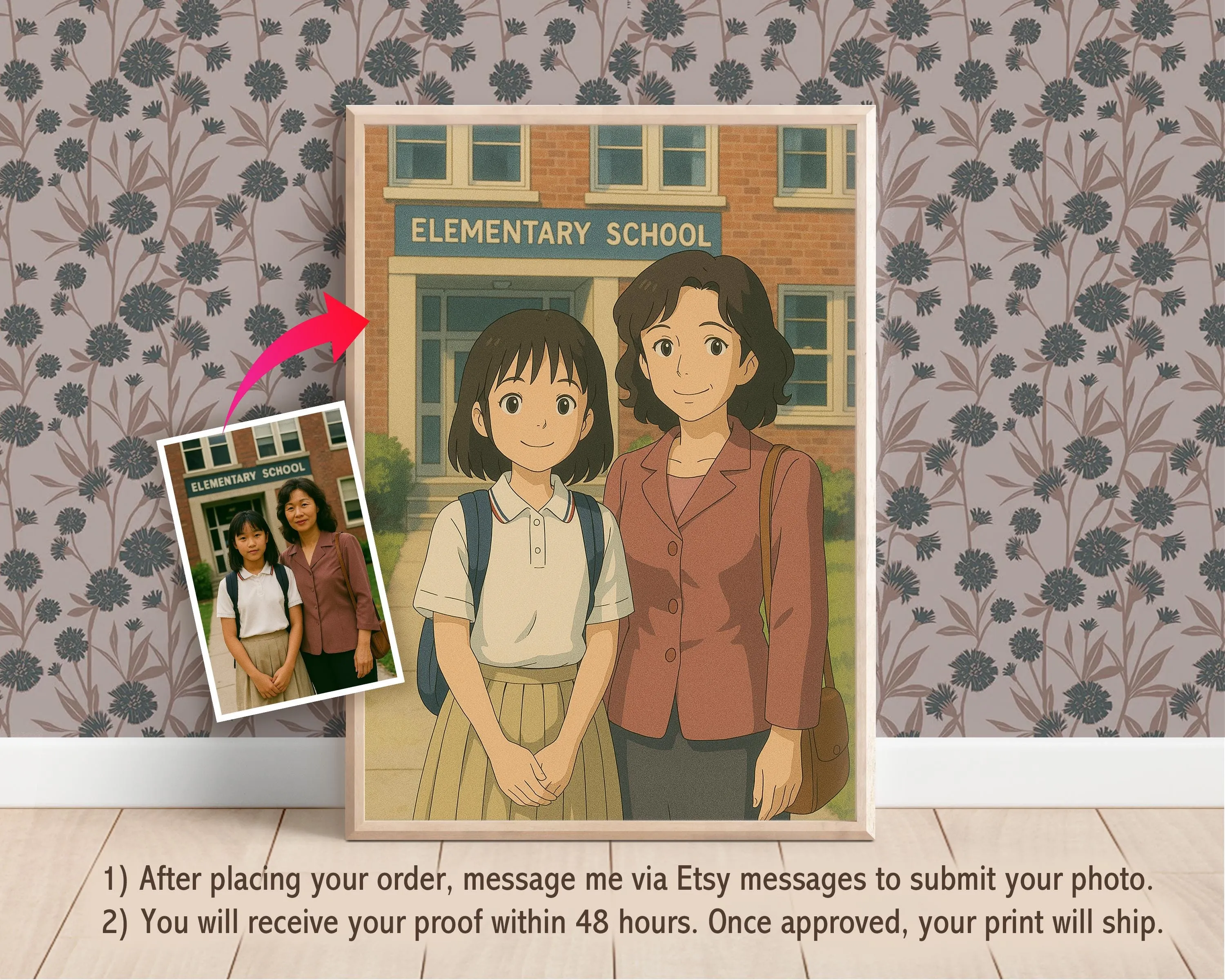 Custom Anime Family Portrait, Mother's Day Portrait, Anniversary, Ghibli Style, Printed Gift