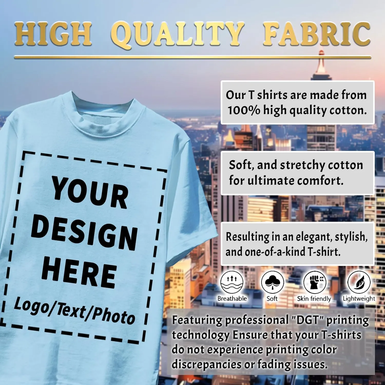 Custom T Shirts Bulk for Men Women Made in USA Personalized T Shirts with Logo,Text,Photo Cotton Tee Front/Back