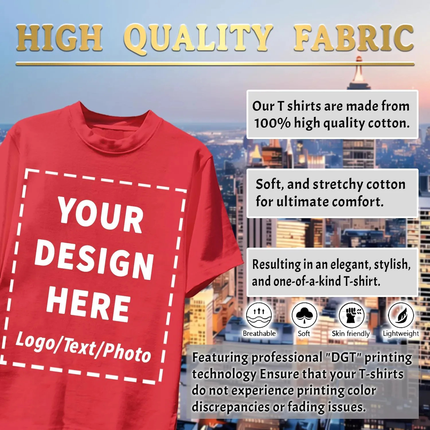 Custom T Shirts Bulk for Men Women Made in USA Personalized T Shirts with Logo,Text,Photo Cotton Tee Front/Back