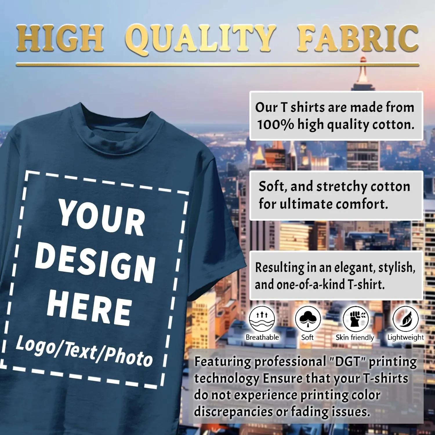 Custom T Shirts Bulk for Men Women Made in USA Personalized T Shirts with Logo,Text,Photo Cotton Tee Front/Back