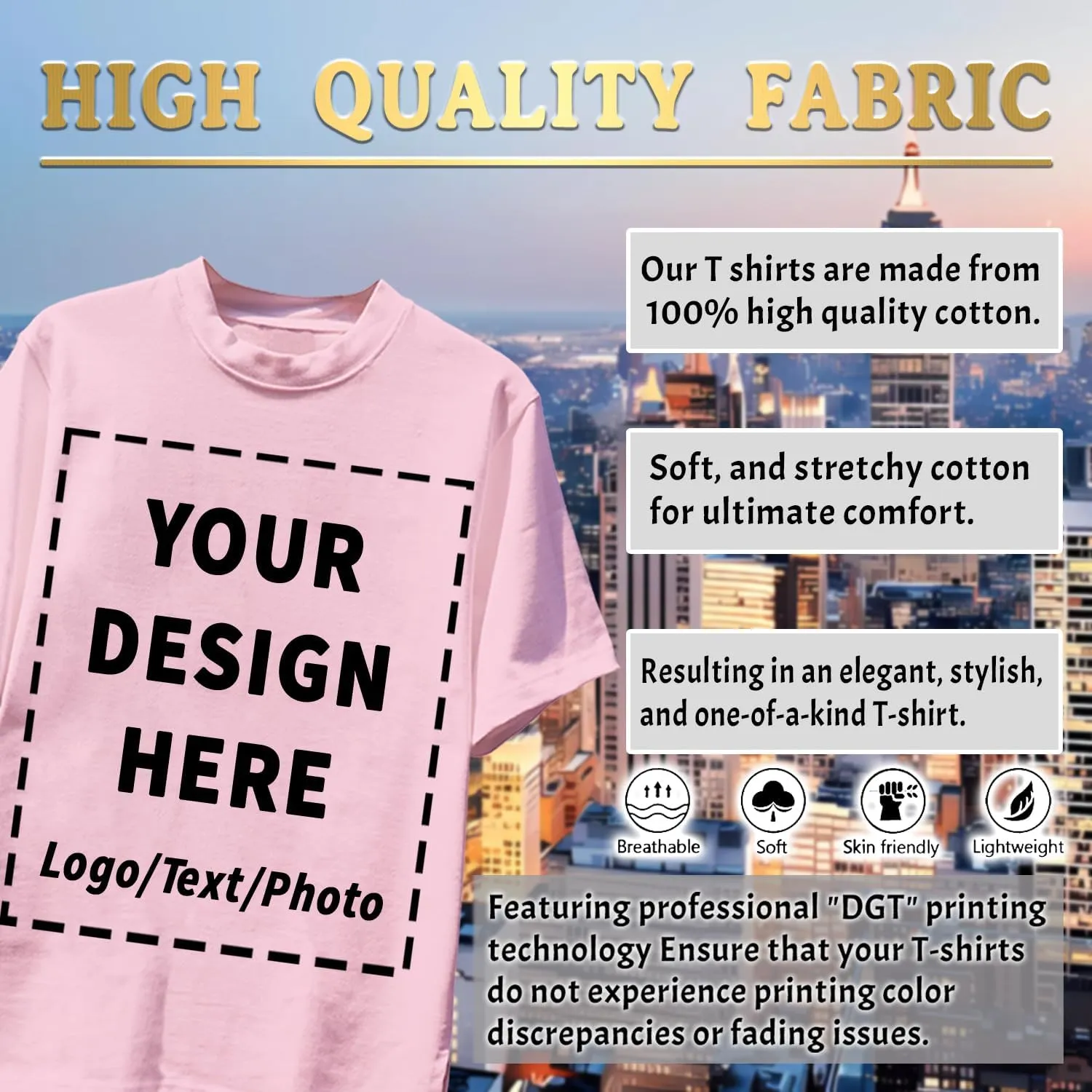 Custom T Shirts Bulk for Men Women Made in USA Personalized T Shirts with Logo,Text,Photo Cotton Tee Front/Back