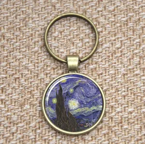Glass Cabochon Van Gogh Starry Night Bezel Set Keyring Bronze