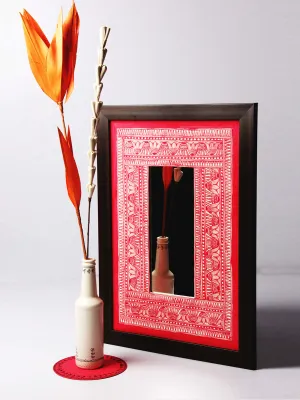 Madhubani Lotus Red' Hand-painted on Handmade Paper Wall Frame