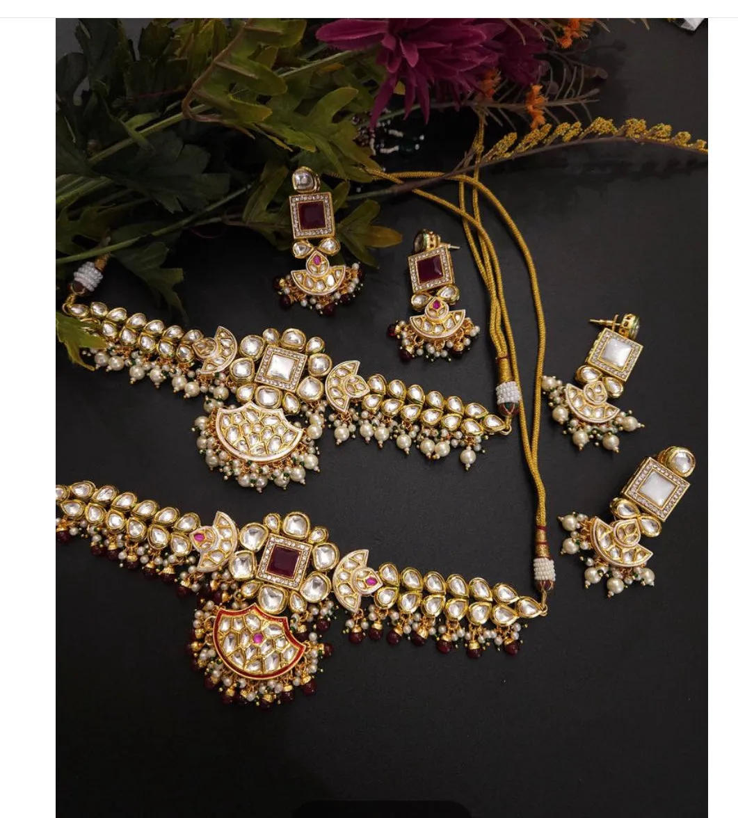 Red High Quality Kundan Choker Necklace Set with Matching Earrings.