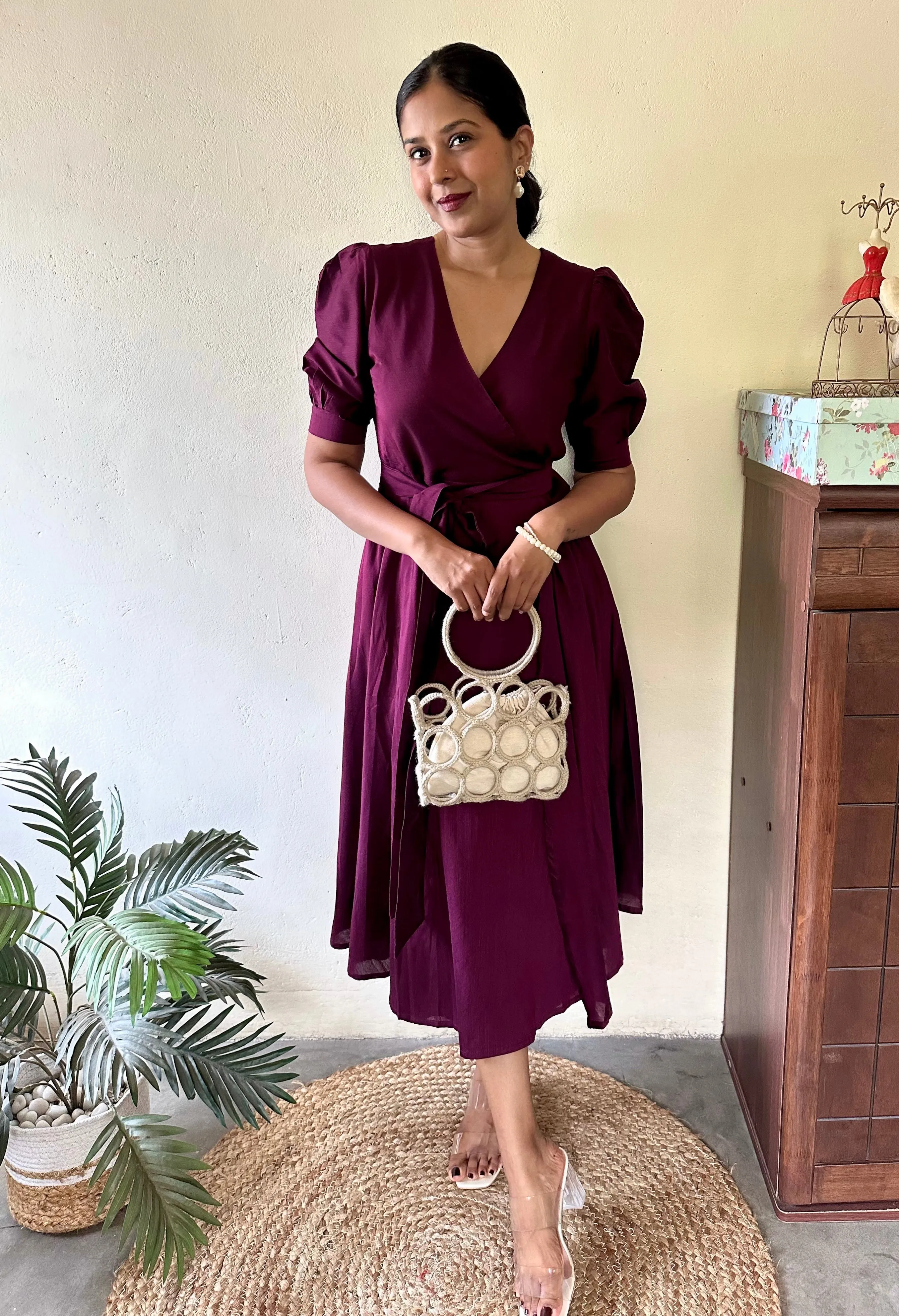 Wine Semi Silk Wrap Dress